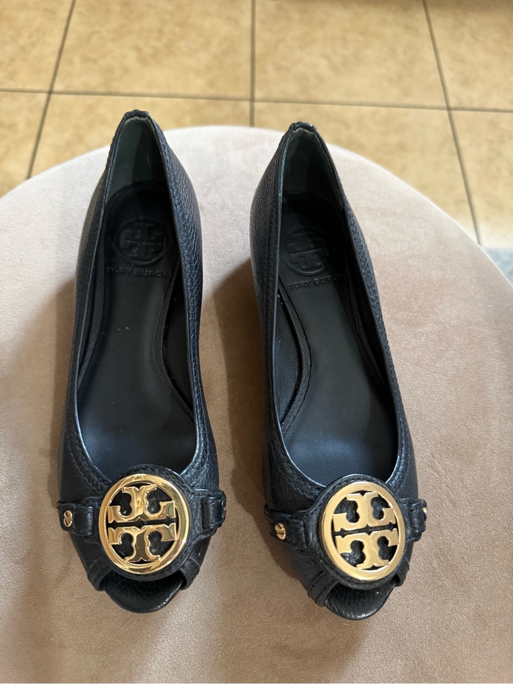 Tory Burch Black Leather Peep-Toe Flats with Gold Logo